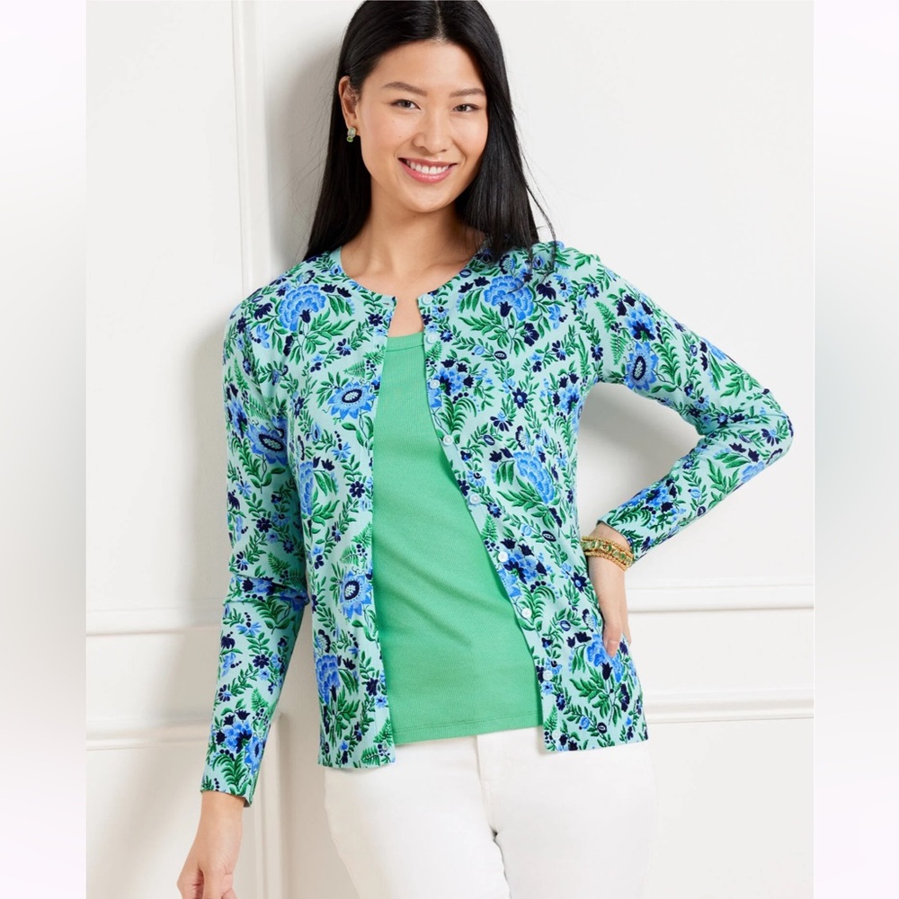 Talbots Charming Cardigan Exquisite Floral Green Blue Size SP NWT